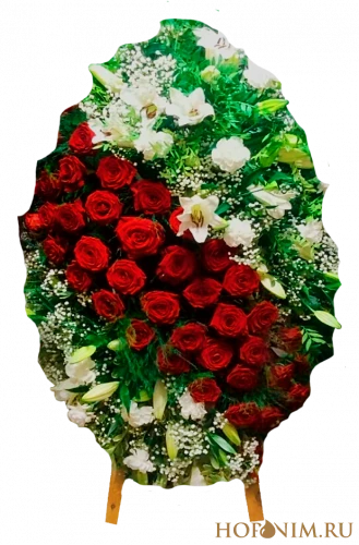 Венок из красных роз и белых гвоздик